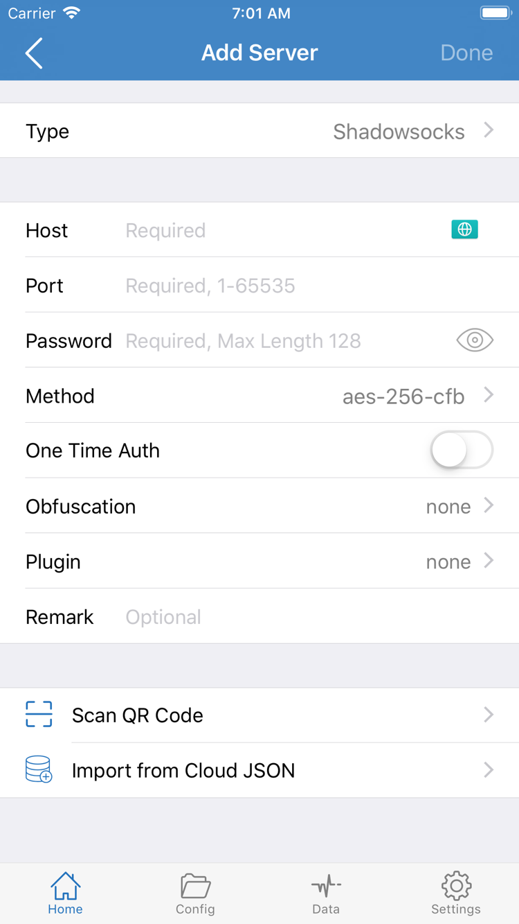 Shadowrocket 서버 추가 화면. Type, Host, Port, Password, Method와 QR 코드 스캔 및 Cloud JSON 가져오기 항목이 표시됩니다
