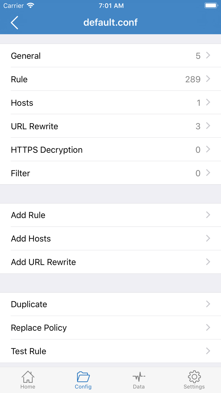 Shadowrocket Config 구성 파일 편집 화면. General, Rule, Hosts, URL Rewrite, HTTPS Decryption 섹션과 Add Rule이 표시됩니다