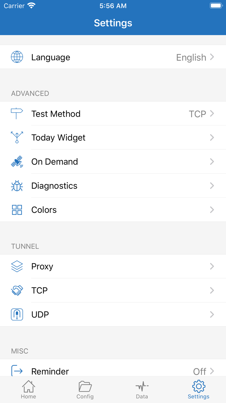 Shadowrocket Settings 화면. Language, Test Method, Today Widget, On Demand, Diagnostics와 Proxy, TCP, UDP 그룹이 표시됩니다